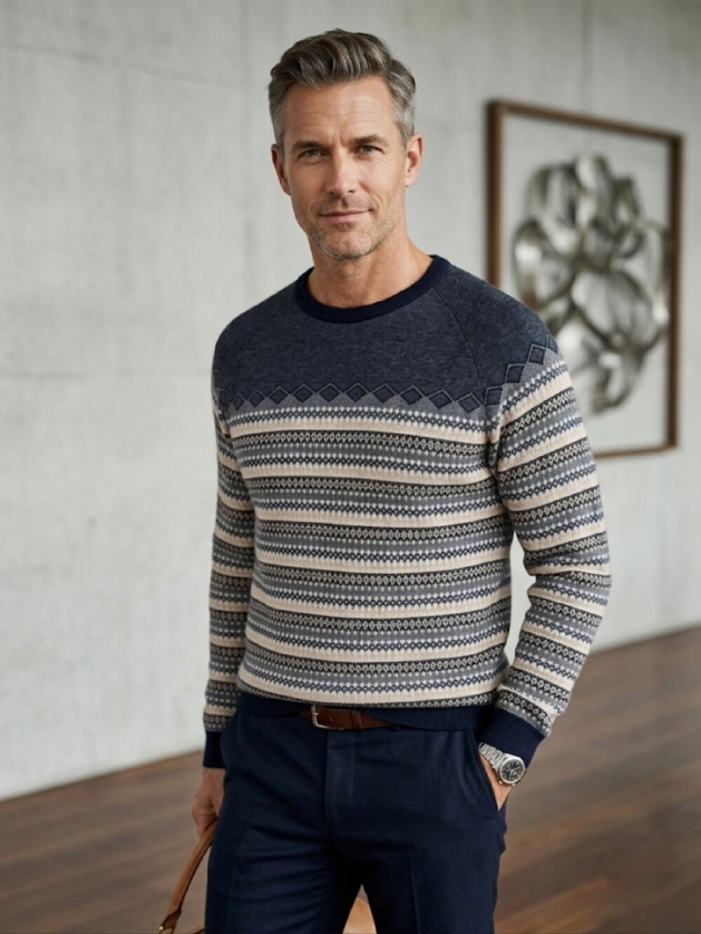 Broken Standard Men's 100% Cotton Gray Patterned Crewneck Sweater Size XLarge